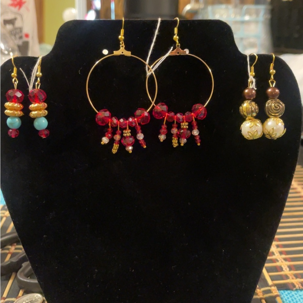 3 pc set of Elegant Red and Gold Beaded Hoop and dangling crystal Earrings